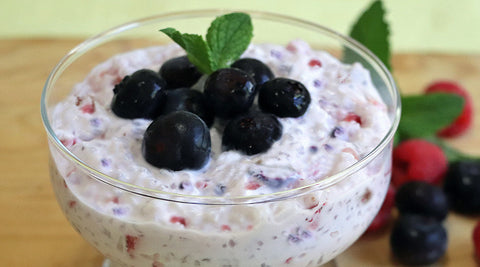 Rice Pudding and Berries made with odorless, organic, low carb GoSkinny Noodles Rice konjac rice (shirataki)