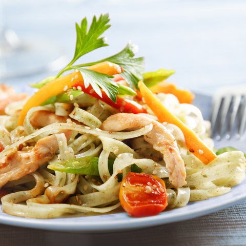 Noodle Salad made with low carb, organic, odorless GoSkinny Noodles Fettuccine konjac noodles (shirataki)