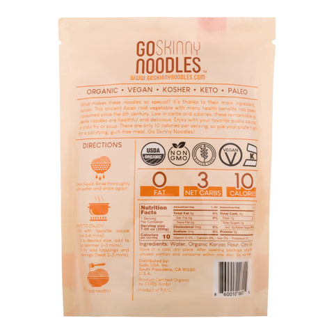 GoSkinny Noodles Angel Hair, back of package, 0g fat, 3g net carbs, 10 calories, Ingredients: Water, Organic Konjac Flour, Citric Acid