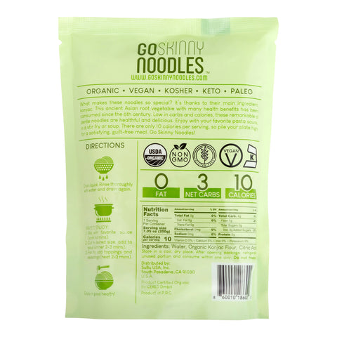 GoSkinny Noodles Fettuccine, back of package, 0g fat, 3g net carbs, 10 calories, Ingredients: Water, Organic Konjac Flour, Citric Acid.