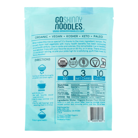 GoSkinny Noodles Rice, back of package, 0g fat, 3g net carbs, 10 calories, Ingredients: Water, Organic Konjac Flour, Citric Acid.
