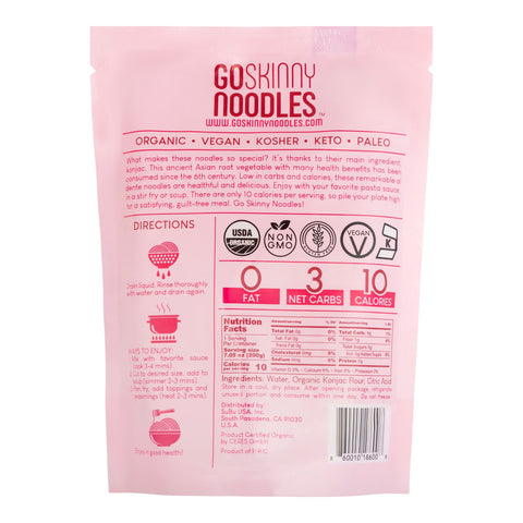 GoSkinny Noodles Spaghetti, back of package, 0g fat, 3g net carbs, 10 calories, Ingredients: Water, Organic Konjac Flour, Citric Acid.