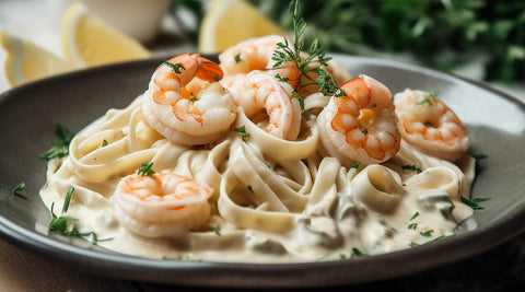 Fettuccine Shrimp Alfredo made with odorles, organic, low carb GoSkinny Noodles Fettuccine konjac noodles (shirataki) on gray plate and table