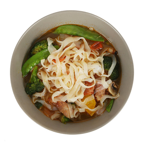 Vegetable Soup made with low carb, odorless, organic GoSkinny Noodles Fettuccine konjac noodles (shirataki) in gray bowl