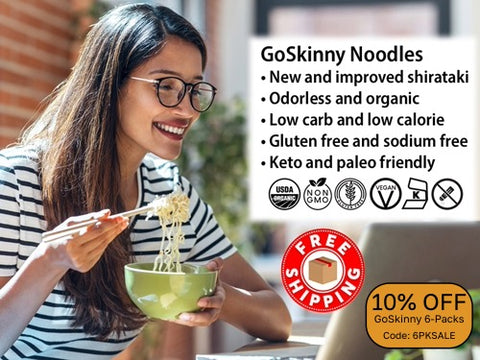 Welcome to GoSkinny Noodles, woman eating noodles in front of laptop; odorless, organic, low carb, 10 calorie, gluten-free, sodium-free, plant-based noodles and white rice alternatives with free shipping. 10% Off 6 Packs with code: 6PKSALE