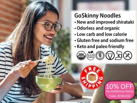 Welcome to GoSkinny Noodles, woman eating noodles in front of laptop; odorless, organic, low carb, 10 calorie, gluten-free, sodium-free, plant-based noodles and white rice alternatives with free shipping. 10% Off Sitewide with code: BONUS10