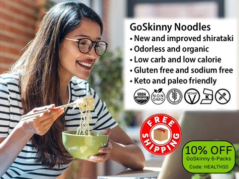 Welcome to GoSkinny Noodles, woman eating noodles in front of laptop; odorless, organic, low carb, 10 calorie, gluten-free, sodium-free, plant-based noodles and white rice alternatives with free shipping. 10% Off 6 Packs with code: HEALTH10