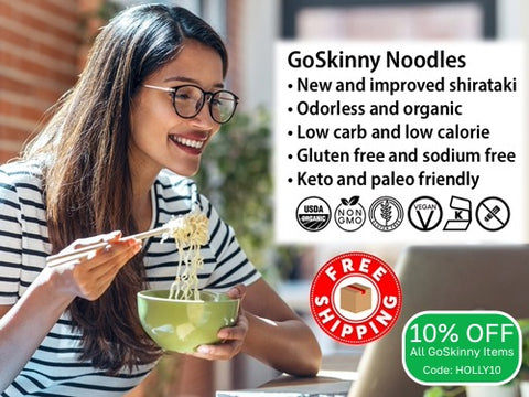 Welcome to GoSkinny Noodles, woman eating noodles in front of laptop; odorless, organic, low carb, 10 calorie, gluten-free, sodium-free, plant-based noodles and white rice alternatives with free shipping. 10% Off Sitewide with code: HOLLY10