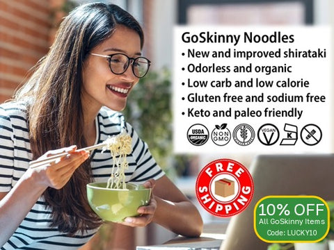 Welcome to GoSkinny Noodles, woman eating noodles in front of laptop; odorless, organic, low carb, 10 calorie, gluten-free, sodium-free, plant-based noodles and white rice alternatives with free shipping. 10% Off Sitewide with code: LUCKY10