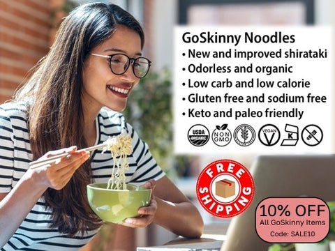 Welcome to GoSkinny Noodles, woman eating noodles in front of laptop; odorless, organic, low carb, 10 calorie, gluten-free, sodium-free, plant-based noodles and white rice alternatives with free shipping. 10% Off Sitewide with code: SALE10