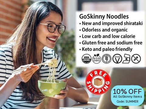 Welcome to GoSkinny Noodles, woman eating noodles in front of laptop; odorless, organic, low carb, 10 calorie, gluten-free, sodium-free, plant-based noodles and white rice alternatives with free shipping. 10% Off GoSkinny Noodles items with code: SUMMER. 
Offer not valid on SmartCake items.