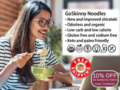 Welcome to GoSkinny Noodles, woman eating noodles in front of laptop; odorless, organic, low carb, 10 calorie, gluten-free, sodium-free, plant-based noodles and white rice alternatives with free shipping. 10% Off Sitewide with code: THANKS10