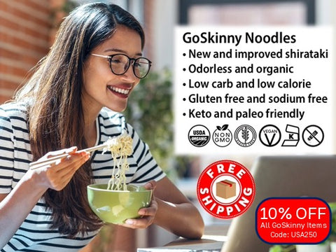 Welcome to GoSkinny Noodles, woman eating noodles in front of laptop; odorless, organic, low carb, 10 calorie, gluten-free, sodium-free, plant-based noodles and white rice alternatives with free shipping. 10% Off GoSkinny Noodles items with code: USA250. 
Offer not valid on SmartCake items.