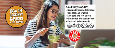 Welcome to GoSkinny Noodles, woman eating noodles in front of laptop; odorless, organic, low carb, 10 calorie, gluten-free, sodium-free, plant-based noodles and white rice alternatives with free shipping. 10% Off 6 Packs with code: 6PKSALE