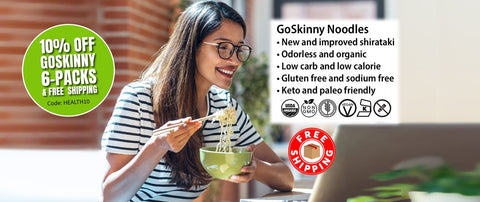 Welcome to GoSkinny Noodles, woman eating noodles in front of laptop; odorless, organic, low carb, 10 calorie, gluten-free, sodium-free, plant-based noodles and white rice alternatives with free shipping. 10% Off 6 Packs with code: HEALTH10