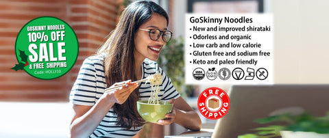 Welcome to GoSkinny Noodles, woman eating noodles in front of laptop; odorless, organic, low carb, 10 calorie, gluten-free, sodium-free, plant-based noodles and white rice alternatives with free shipping. 10% Off Sitewide with code: HOLLY10
