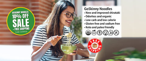 Welcome to GoSkinny Noodles, woman eating noodles in front of laptop; odorless, organic, low carb, 10 calorie, gluten-free, sodium-free, plant-based noodles and white rice alternatives with free shipping. 10% Off Sitewide with code: LUCKY10