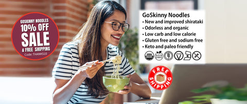 Welcome to GoSkinny Noodles, woman eating noodles in front of laptop; odorless, organic, low carb, 10 calorie, gluten-free, sodium-free, plant-based noodles and white rice alternatives with free shipping. 10% Off Sitewide with code: THANKS10